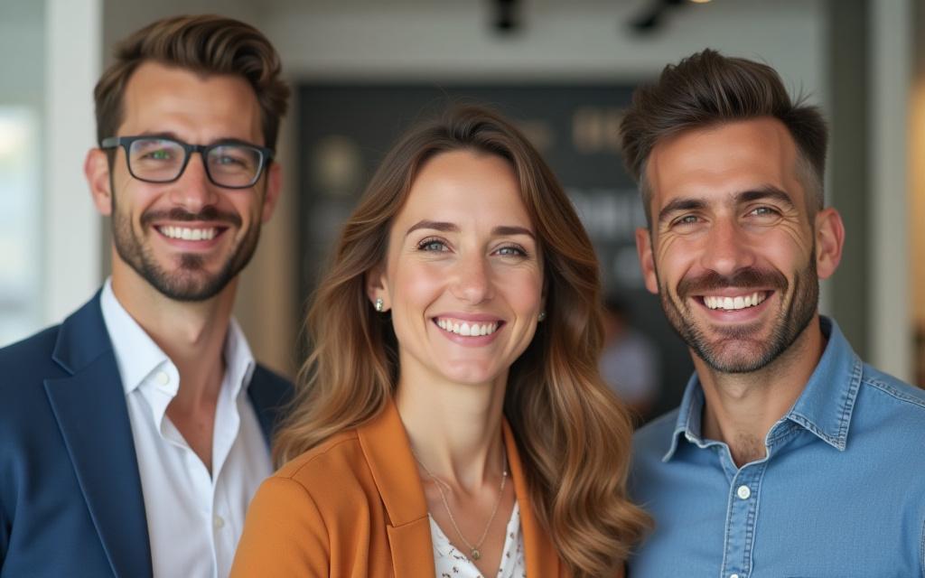 El equipo de la agencia de viajes sonriendo en su oficina moderna de Madrid.