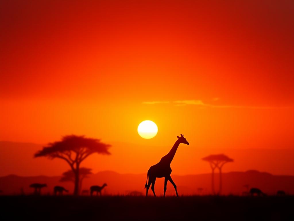 Silueta de una jirafa contra un espectacular atardecer en la sabana africana.