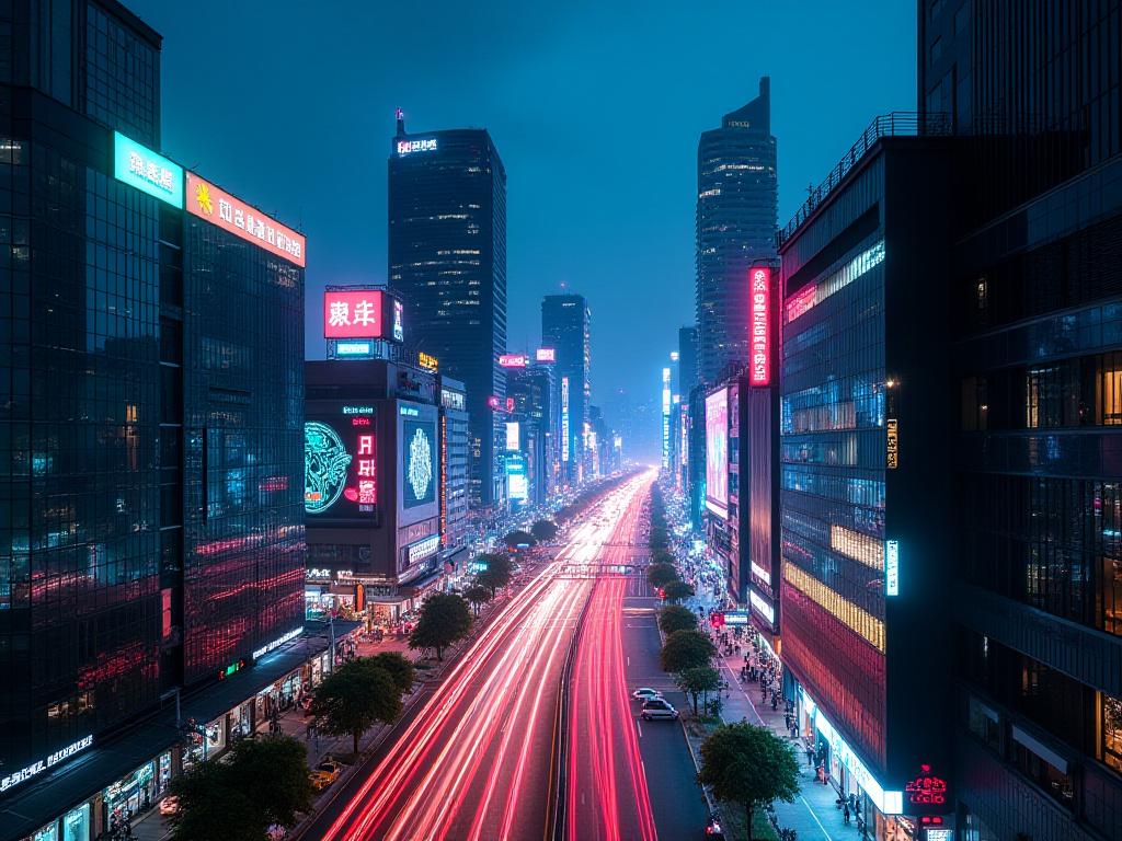 Vista nocturna de una bulliciosa metrópolis asiática llena de luces de neón.