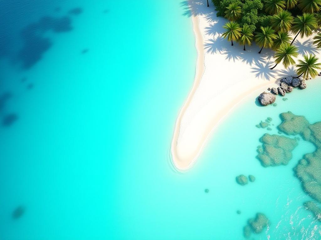 Vista aérea de una playa de arena blanca y aguas turquesas en el Caribe.